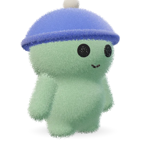 Matcha. A matcha-green plush yeti in a knit beanie, with felt quote marks for eyes in Enconvo.