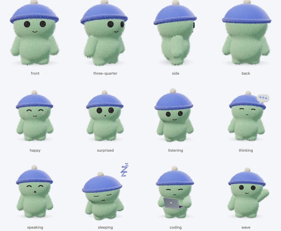 A contact sheet of Matcha: front, three-quarter, side and back views, then happy, surprised, listening, thinking, speaking, sleeping, coding and waving.